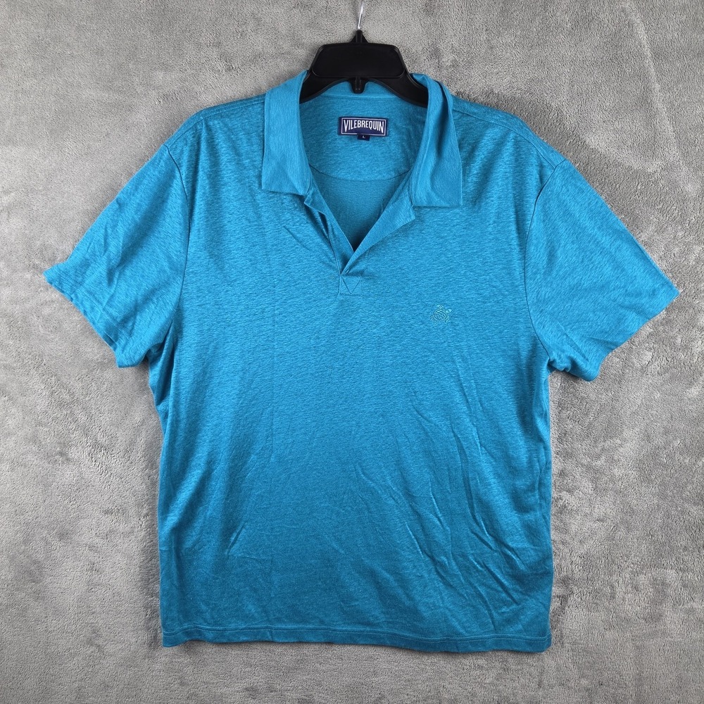 NWOT Vilebrequin Pyramid Polo Shirt Men Large Aqua 100% Linen Jersey Bottonless